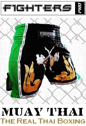 FIGHTERS - Pantalones Muay Thai / Elite Fighters / Negro-Verde / Large