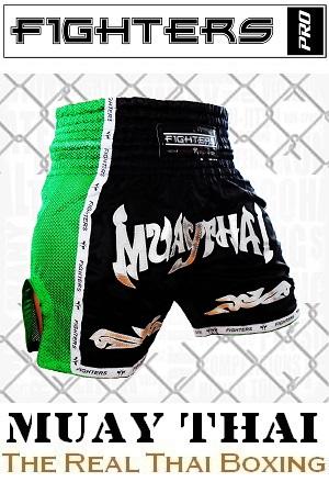 FIGHTERS - Thai Boxing Shorts / Elite Muay Thai / Black-Green / Medium