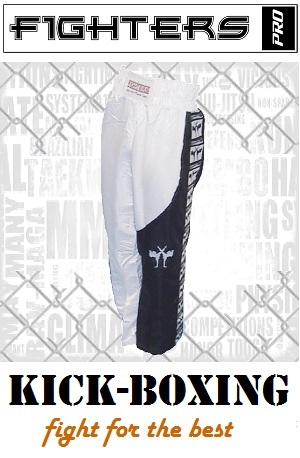 FIGHTERS - Pantalones de Kickboxing / Satín / Blanco-Negro / XXS